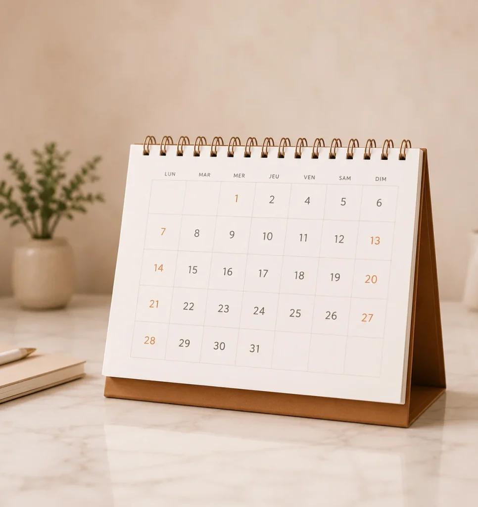 Calendrier illustrant le planning des séances d'épilation laser et les intervalles recommandés entre chaque traitement.