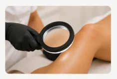 Analyse de la pilosité à l'aide d'une loupe avant un traitement d'épilation laser.
