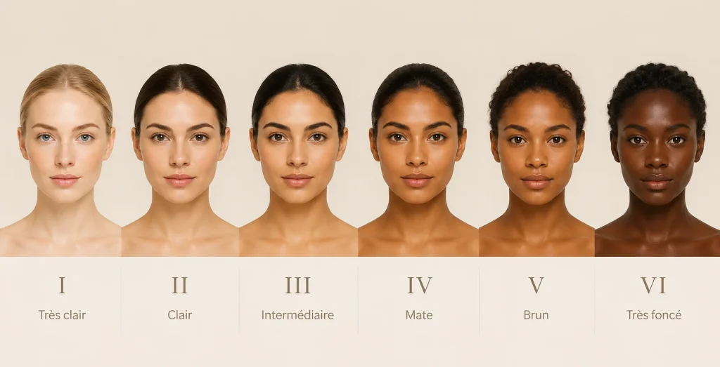 Illustration des phototypes de peau de I à VI utilisés pour adapter les paramètres d'une épilation laser.