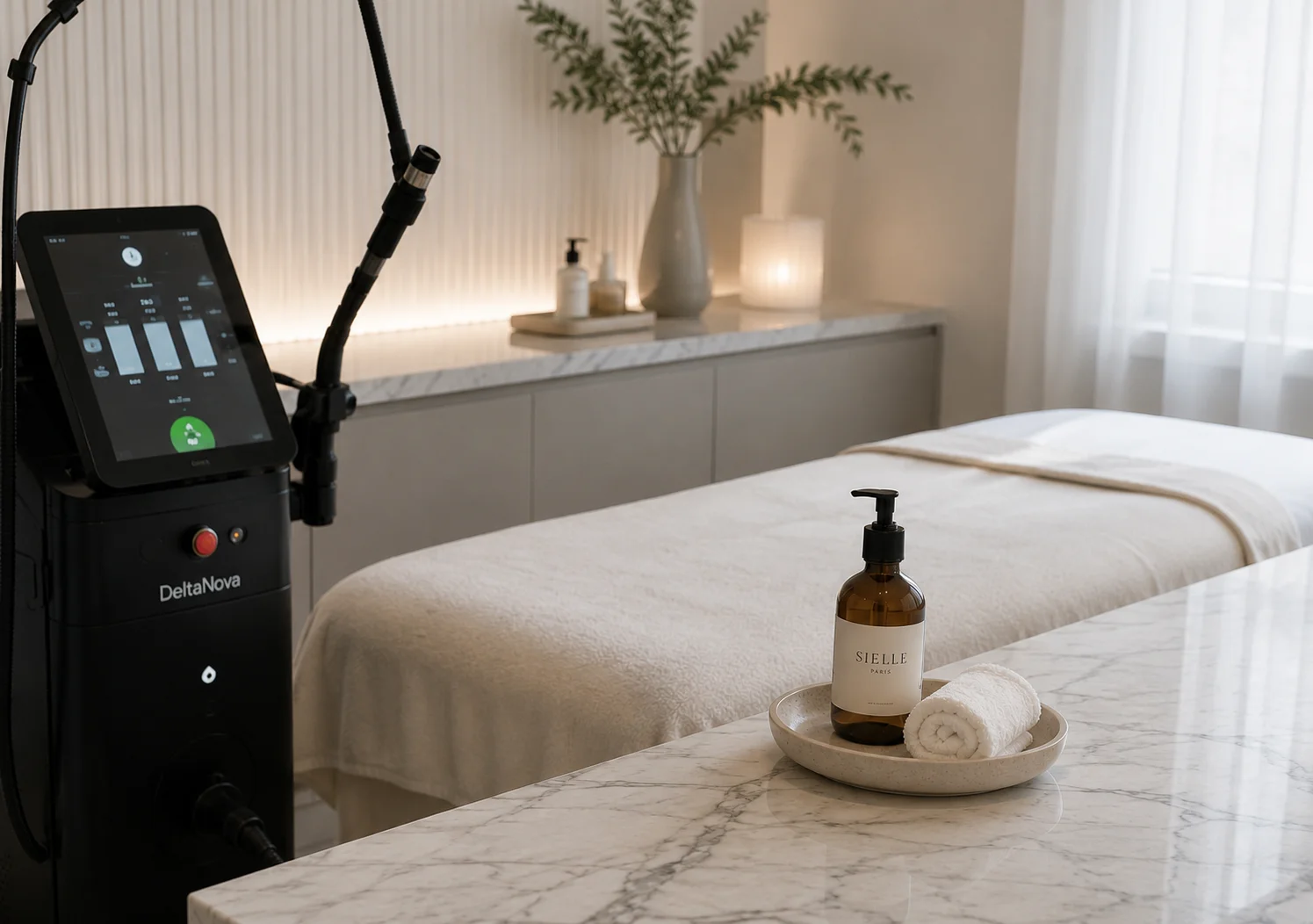 Cabinet Sielle Paris préparé pour une séance d'épilation laser avec laser diode et salle de soins à Paris 16.