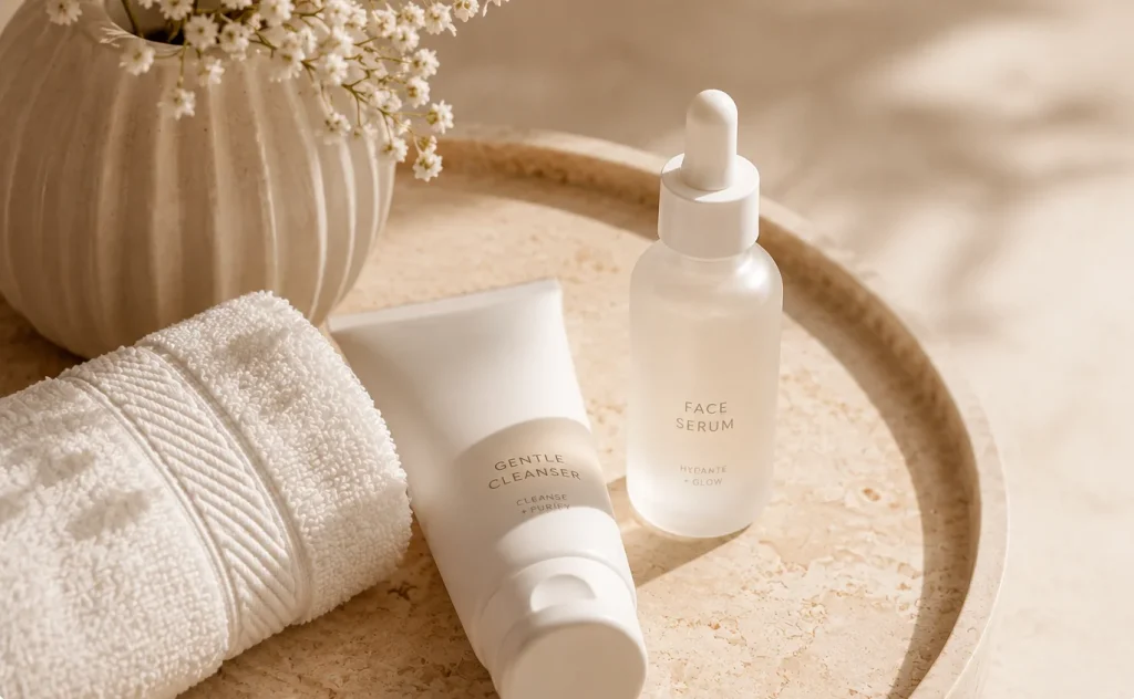 Produits de soin de la peau illustrant les recommandations avant une séance d'épilation laser.