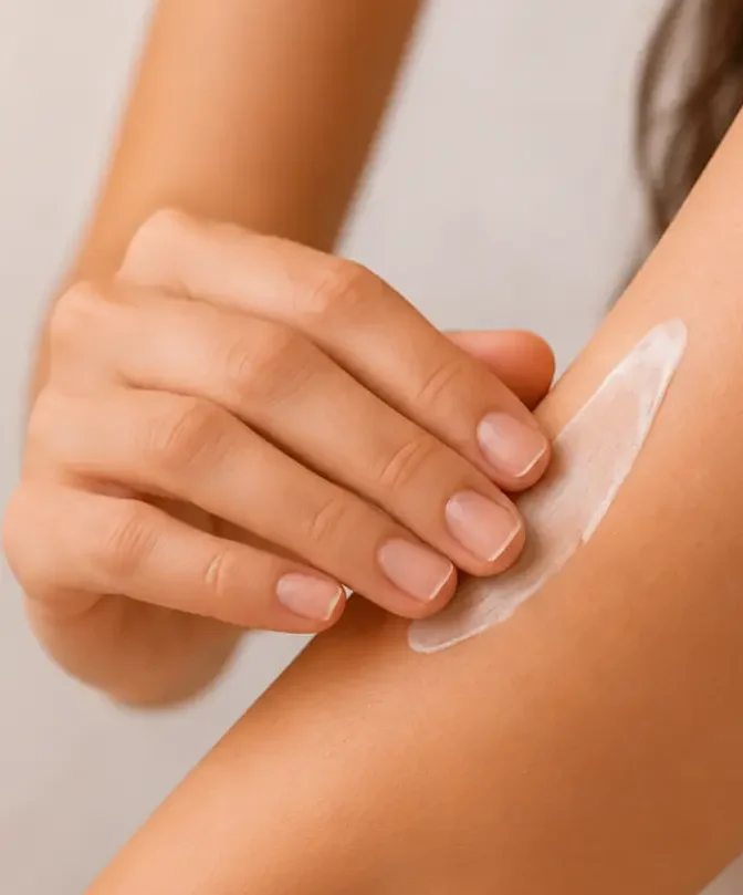 Application d'une crème apaisante sur le bras après une séance d'épilation laser afin de favoriser la récupération de la peau.