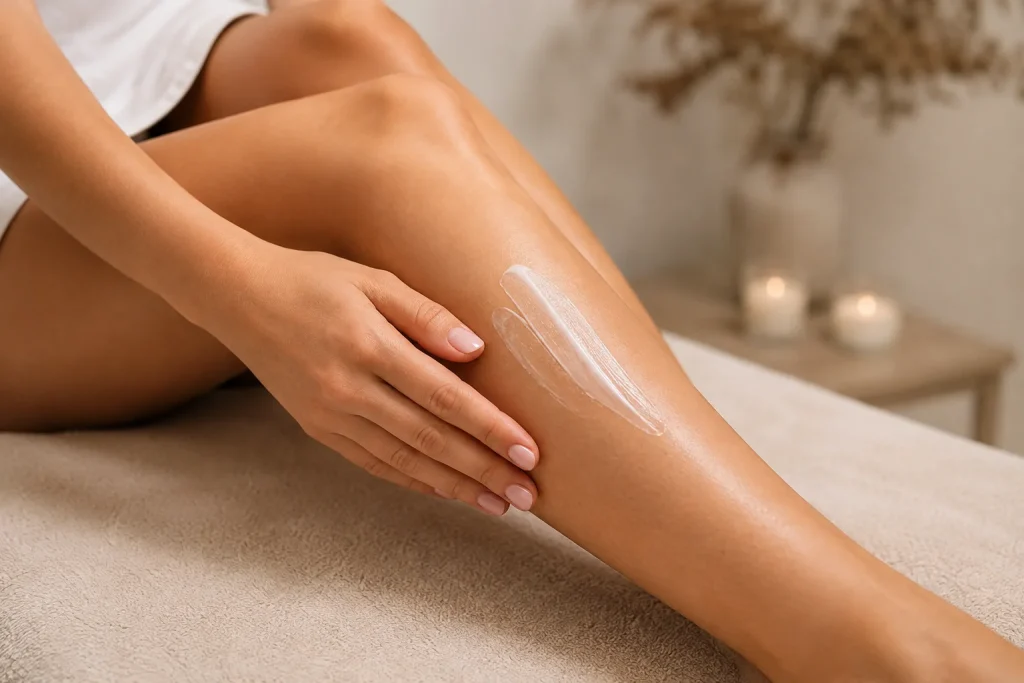 Application d'une crème apaisante sur la jambe après une séance d'épilation laser afin d'hydrater et protéger la peau.