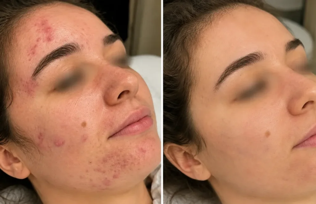 Avant après d’un soin pour peau grasse et à imperfections chez SIELLE PARIS