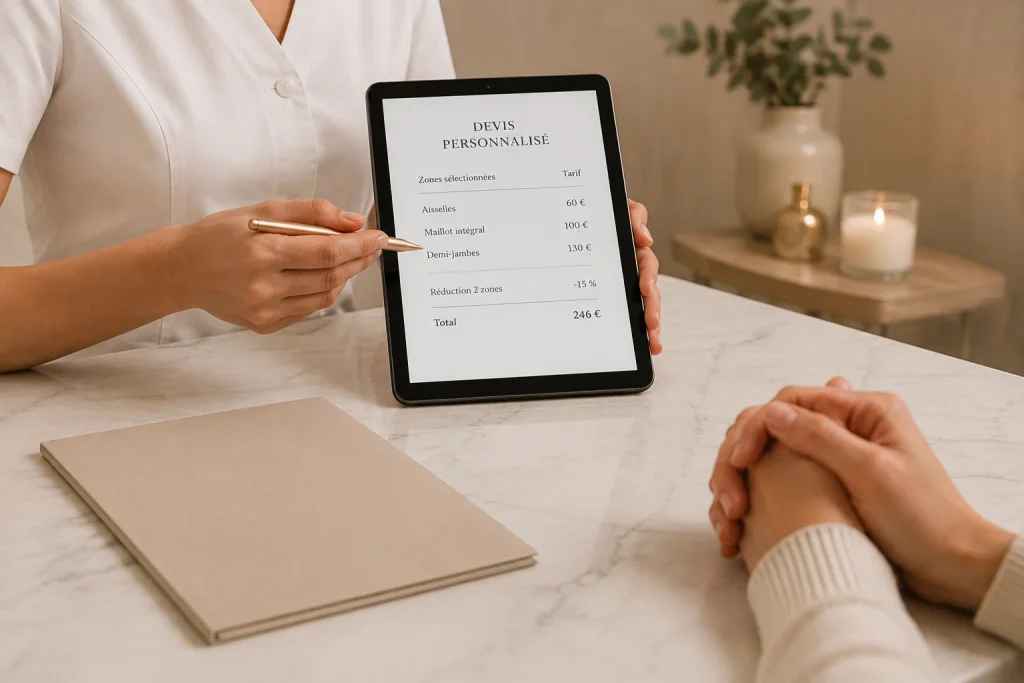 Présentation d'un devis personnalisé lors d'une consultation d'épilation laser afin de définir un protocole adapté aux besoins du patient.