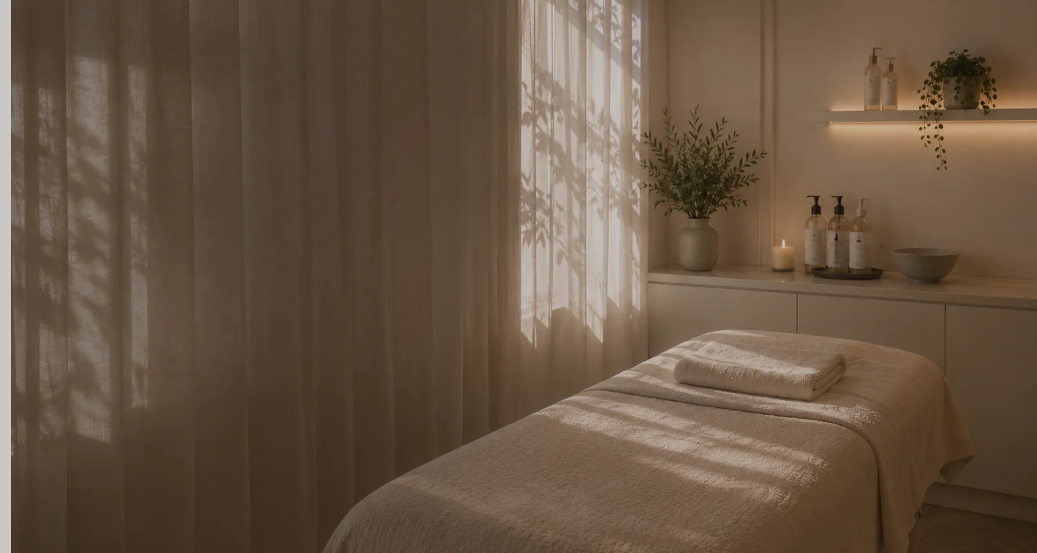 Cabine de soins esthétique SIELLE PARIS à Paris 16 avec table de soin dans une ambiance chaleureuse, illustrant l'épilation laser.