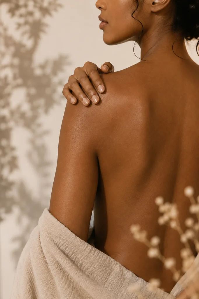 Dos d'une femme à la peau mate illustrant les différents types de peau pouvant bénéficier d'une épilation laser.