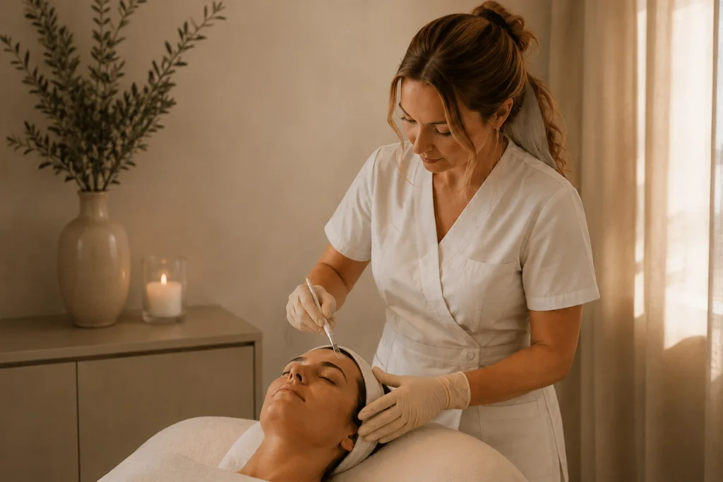 infirmière spécialisée en dermo-esthétique, réalisant un soin du visage dans son cabinet à Paris 16.