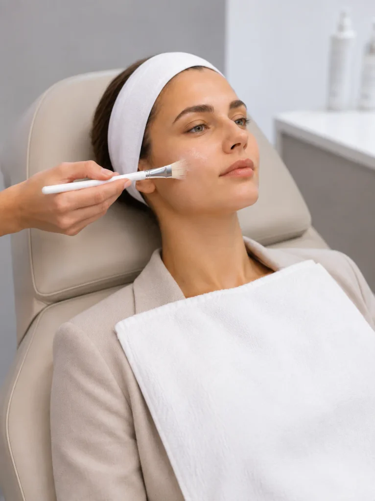 Application d’un soin visage express au pinceau lors d’un Lunchtime Treatment