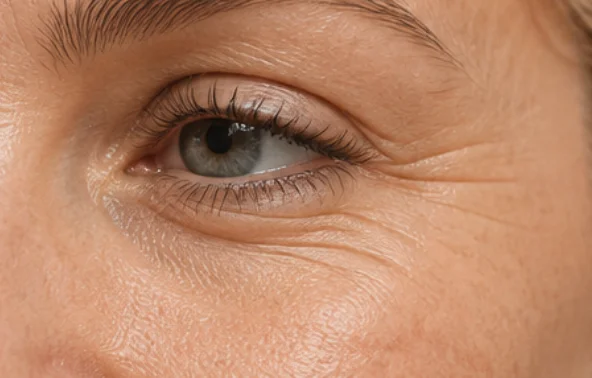 Gros plan d’un visage présentant des ridules et de fines lignes cutanées.