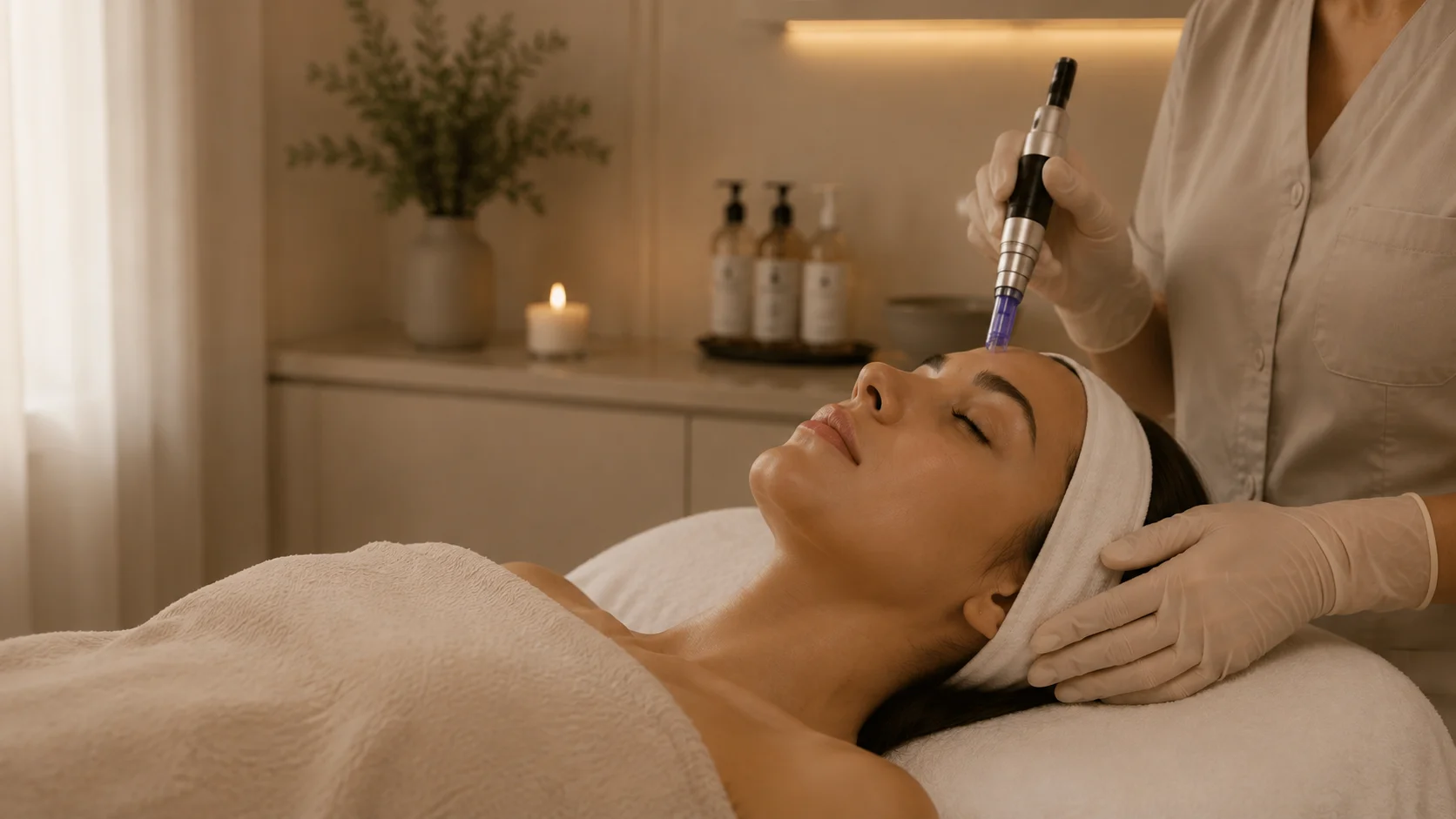 Séance de microneedling du visage réalisée par une infirmière diplômée d'État chez Sielle Paris afin d'améliorer la qualité de la peau.