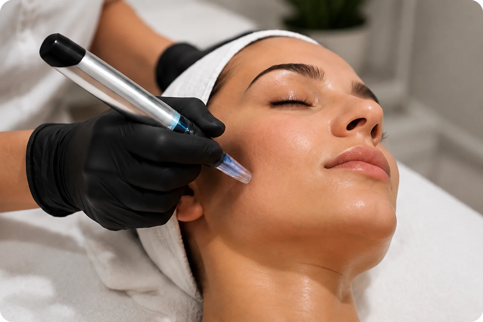 Séance de microneedling du visage réalisée avec un stylo à micro-aiguilles chez SIELLE PARIS