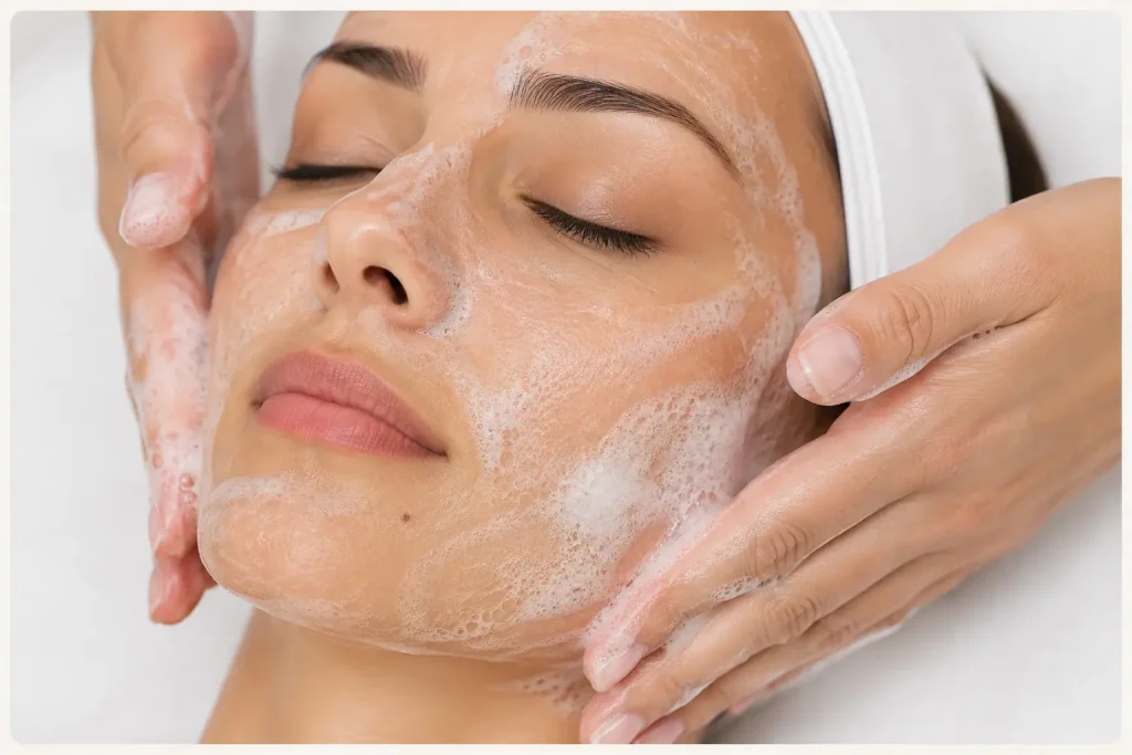 Nettoyage de la peau avant une séance de microneedling