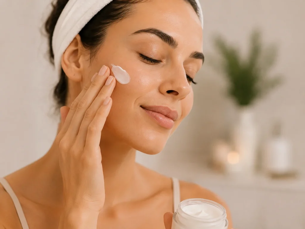 Application d’une crème hydratante sur le visage après une séance de microneedling
