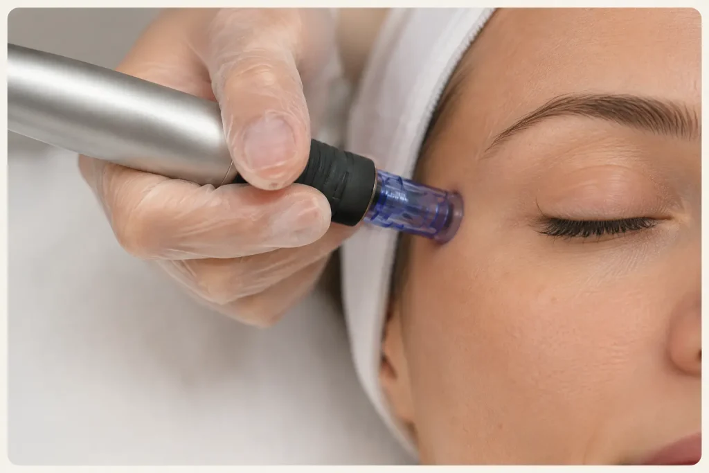 Réalisation d’une séance de microneedling sur la peau du visage