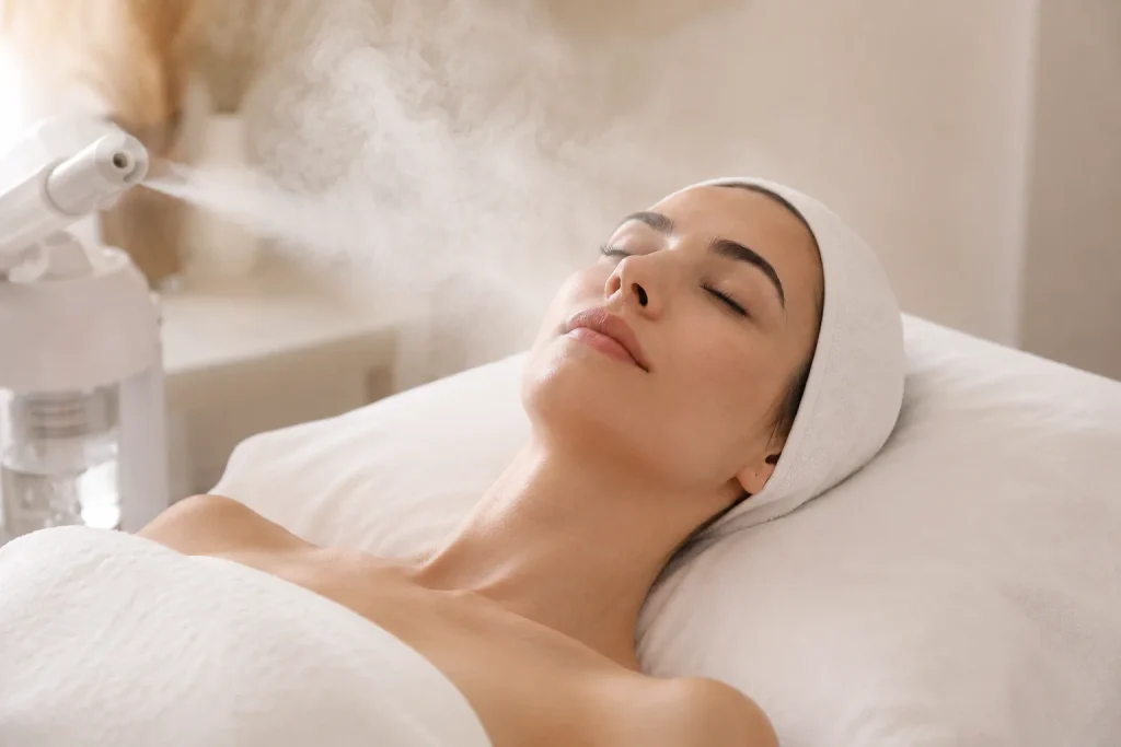 Soin de nettoyage profond du visage avec vapeur pour préparer la peau et faciliter le nettoyage des pores chez SIELLE PARIS.