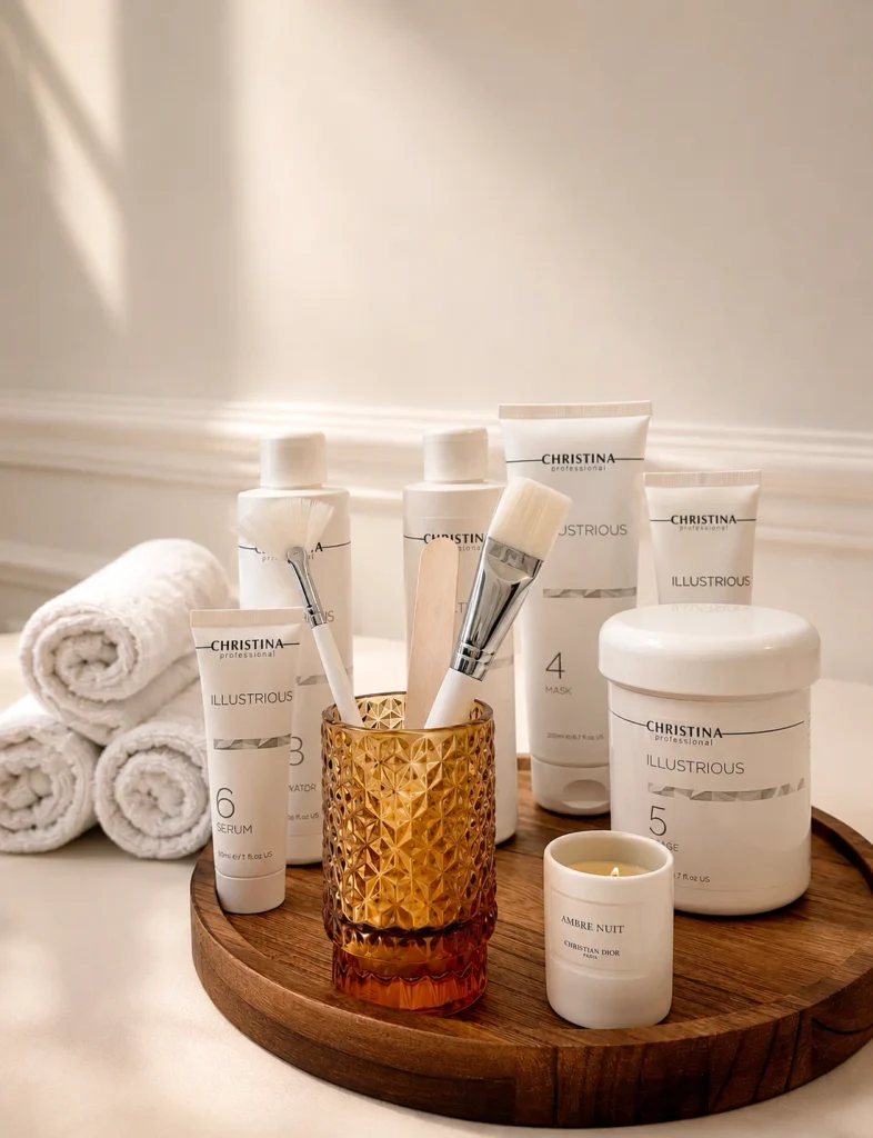 Produits professionnels de soins dermo-esthétiques disposés avec pinceaux et serviettes.