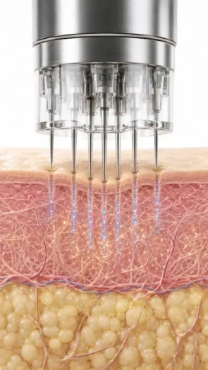 Illustration du fonctionnement du microneedling avec des micro-aiguilles stimulant la production de collagène et d'élastine dans le derme.
