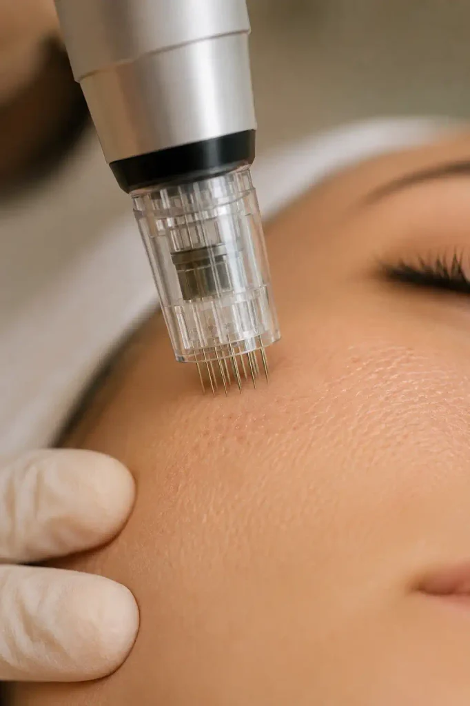 Gros plan d'un soin de microneedling réalisé sur le visage avec un stylo à micro-aiguilles.