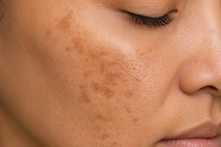 Gros plan de taches pigmentaires sur la joue, une indication du microneedling.