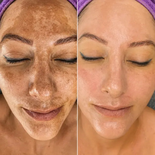 Avant après Peeling Rose de Mer sur des taches pigmentaires et le teint