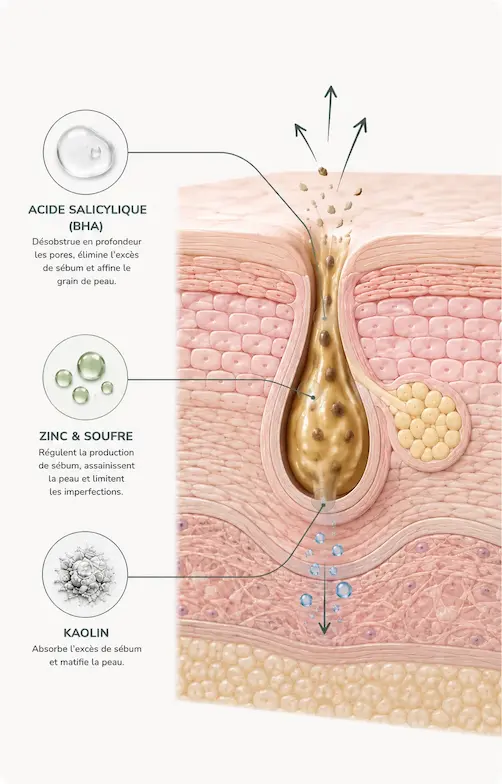 Schéma de l’action de l’acide salicylique, du zinc, du soufre et du kaolin sur les pores et l’excès de sébum