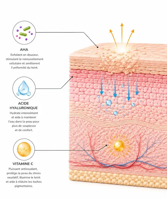 Schéma des actifs du soin Glow Line Repair : AHA, acide hyaluronique et vitamine C.