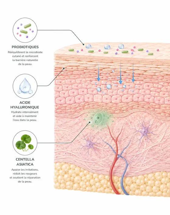 Schéma de l’action des probiotiques, de l’acide hyaluronique et de la Centella asiatica sur la peau