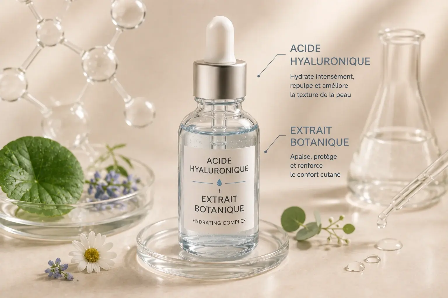 Sérum à l’acide hyaluronique et aux extraits botaniques utilisé dans un protocole de microneedling pour les peaux déshydratées et en manque de confort