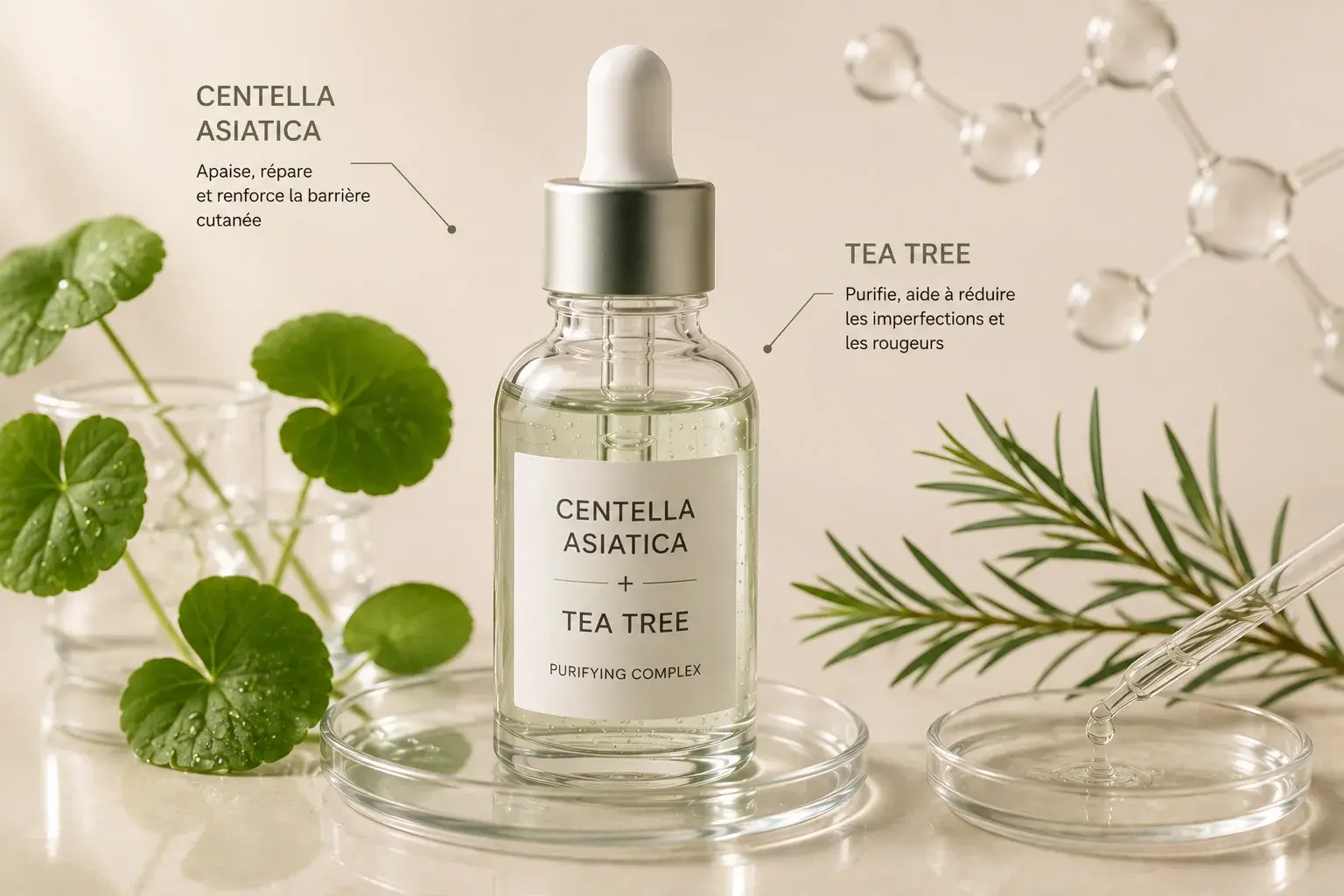 Sérum à la Centella asiatica et au Tea Tree utilisé dans un protocole de microneedling pour les peaux présentant des imperfections